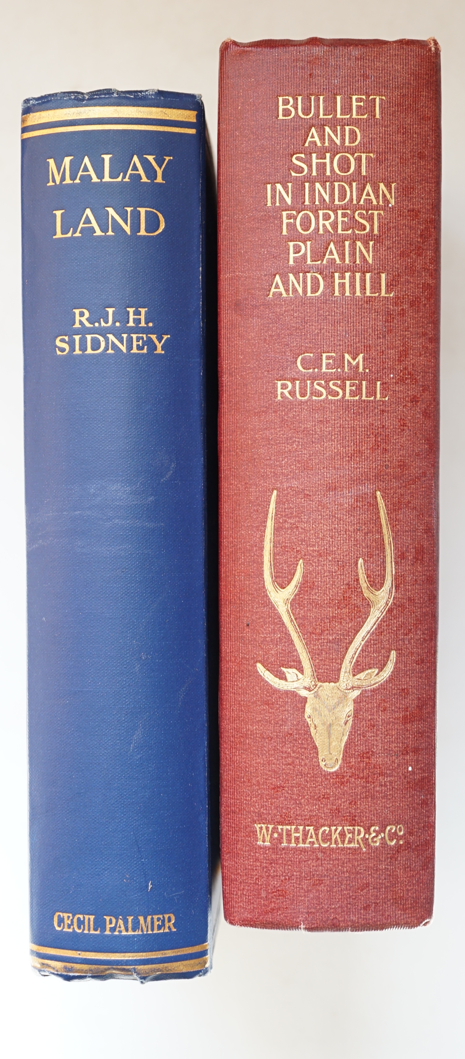Russell, C.E.M - Bullet and Shot in Indian Forest, Plain and Hill, 2nd edition, 8vo, original pictorial red cloth gilt, ink ownership inscription to front fly-leaf, with tissue guarded frontispiece, London, 1900; Sidney,